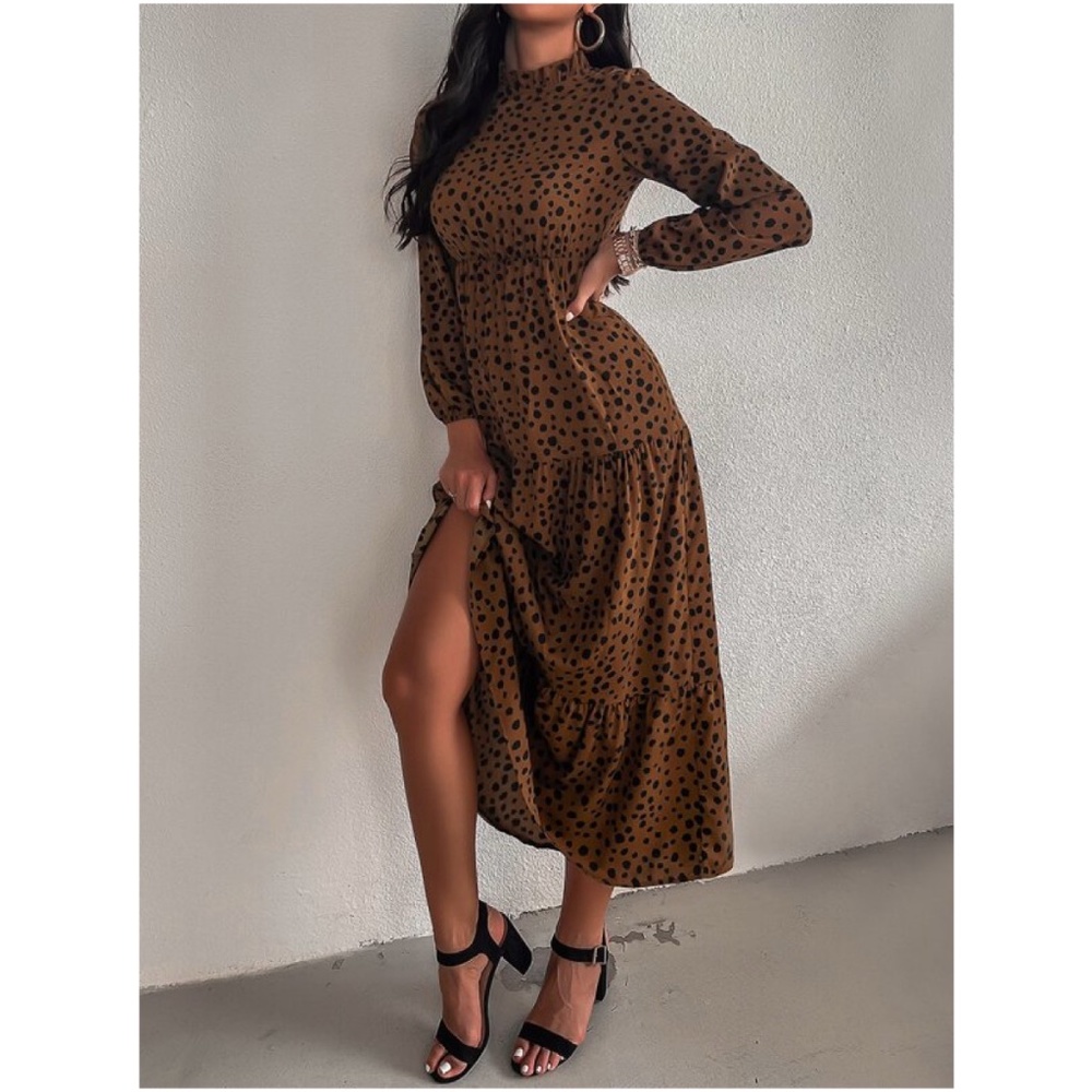 Boho Mocha Brown Leopard Print Dot Ruffle Maxi Dress